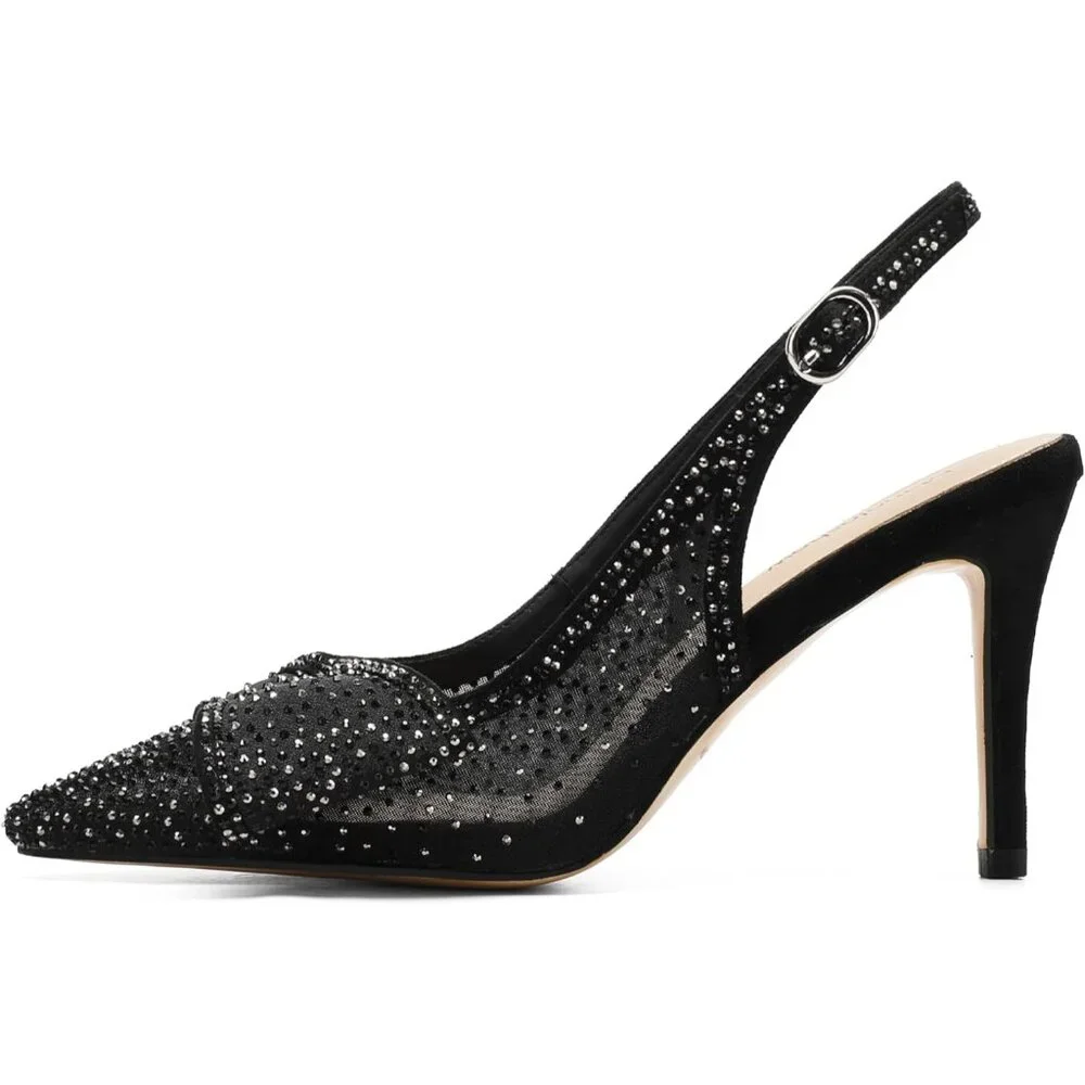 Women's Mesh Black Rhinestone Slingback Elasticated Strap Stylish Heel Pumps - Picture 3 of 6